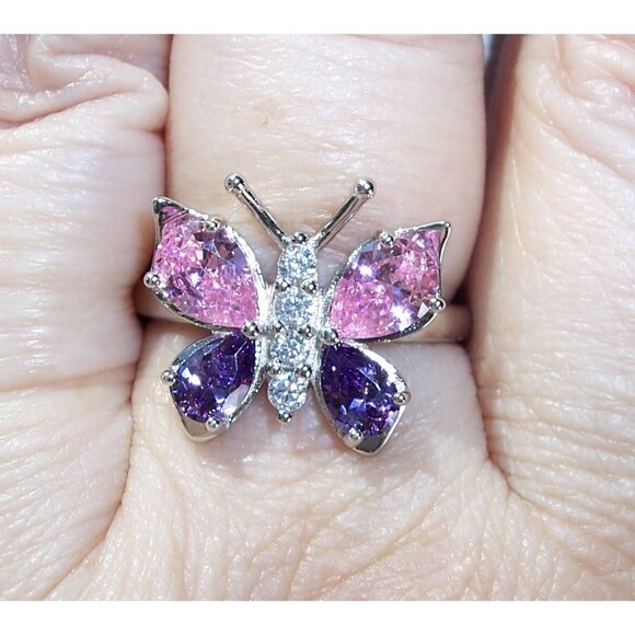 925 STERLING SILVER Simulated Amethyst & Pink Sapphire CZ Butterfly Ring - Picture 3 of 16